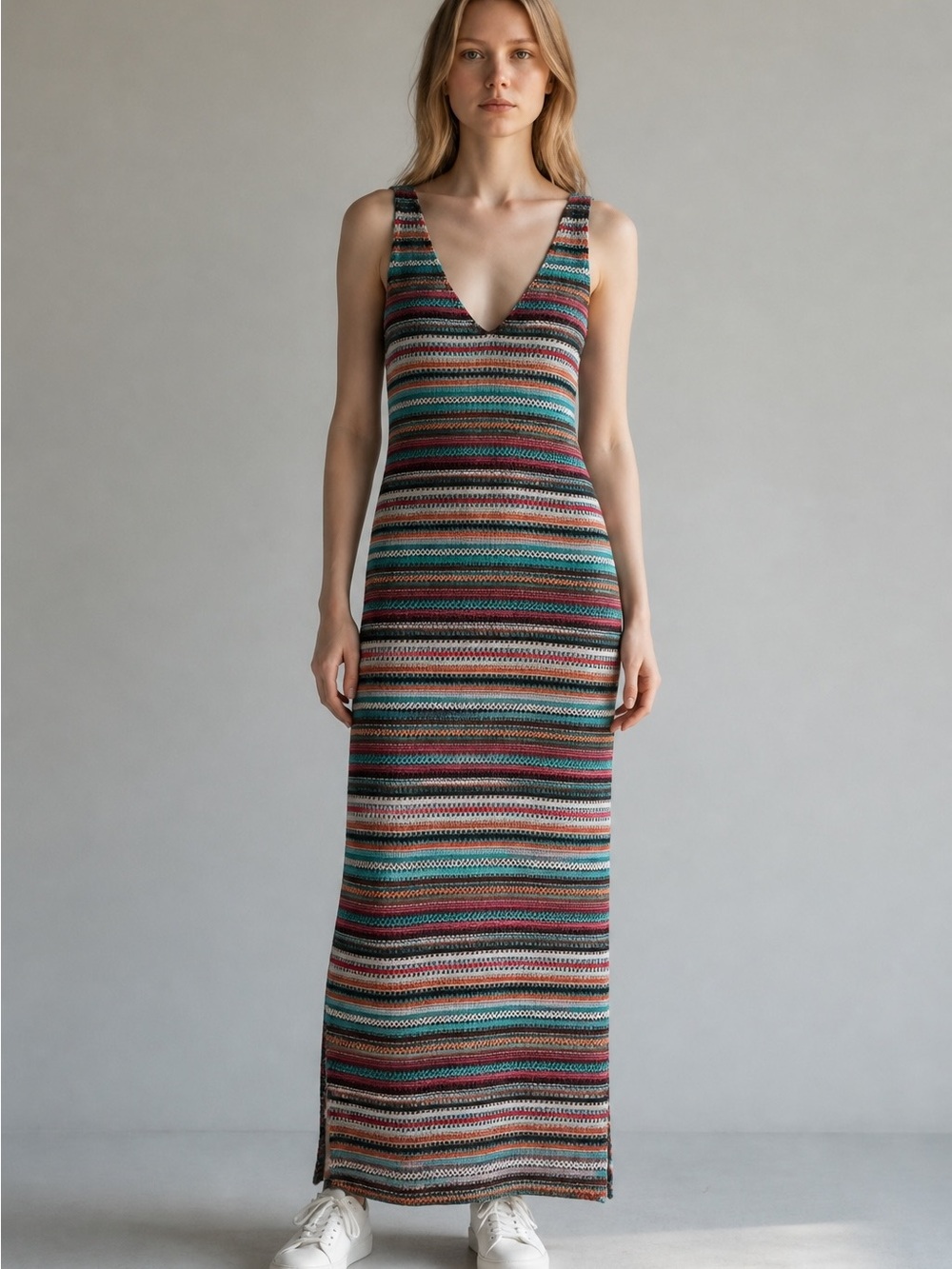 206 Hayden Striped V-Neck Knit Maxi Dress in Teal, Burgundy & Cream